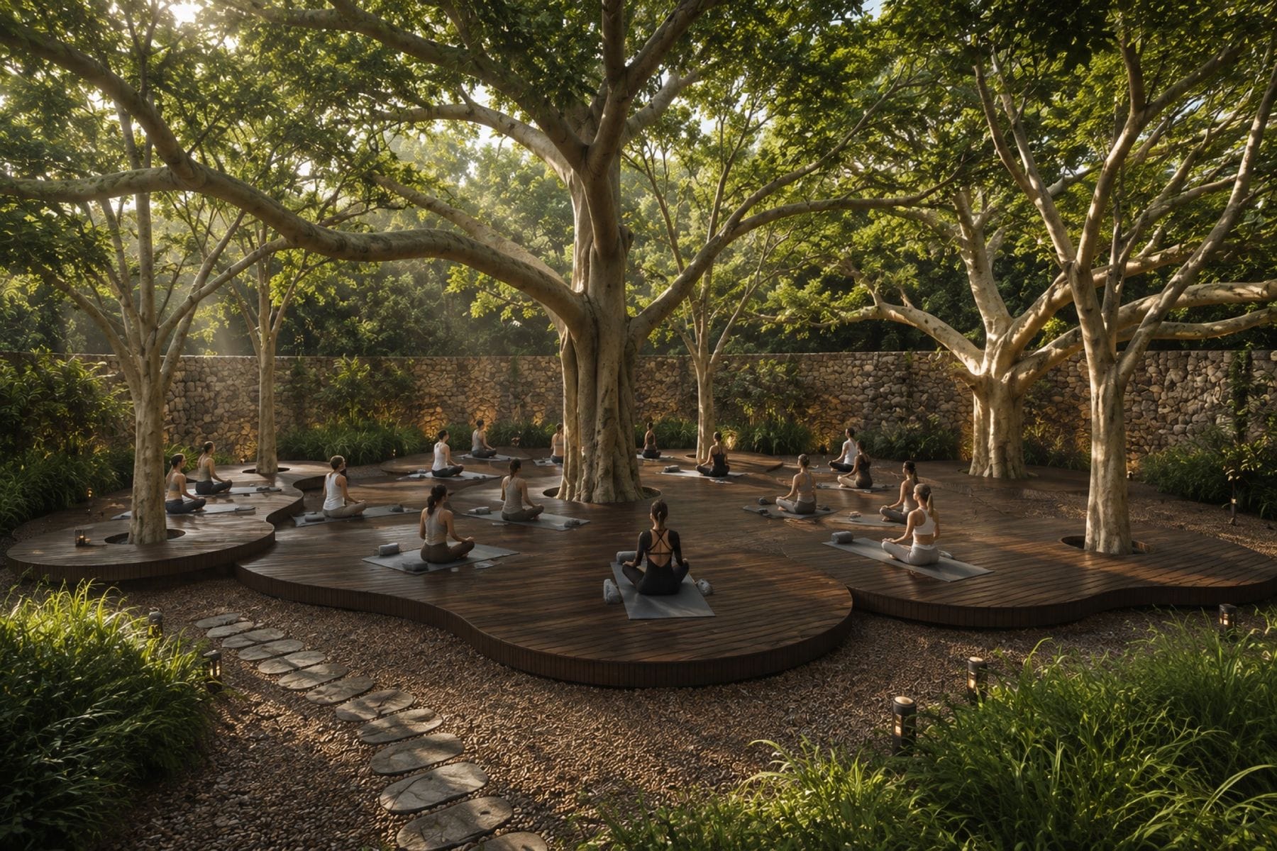 The timber yoga deck built around the site's existing trees, at first light.